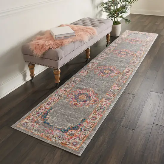 10' Gray And Gold Medallion Distressed Runner Rug Photo 7