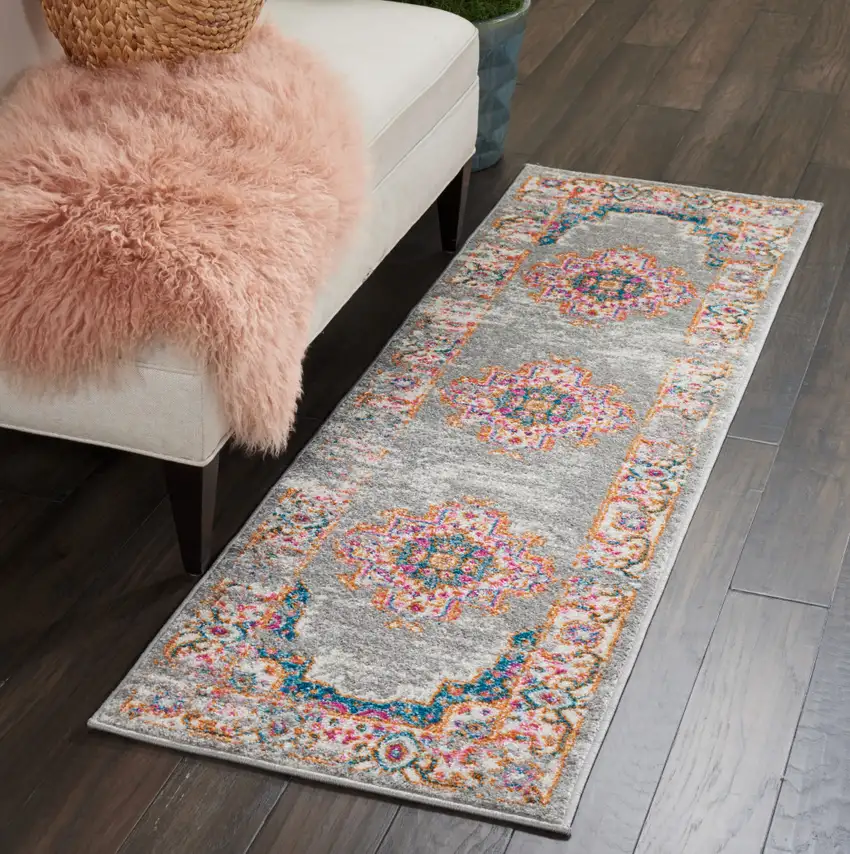 6' Gray And Gold Medallion Distressed Runner Rug Photo 8