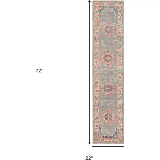 6' Gray And Gold Medallion Distressed Runner Rug Photo 3