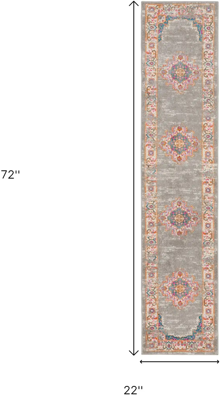 6' Gray And Gold Medallion Distressed Runner Rug Photo 3