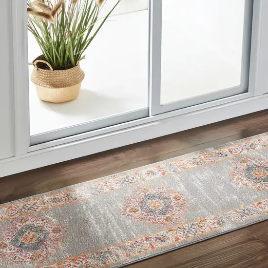 6' Gray And Gold Medallion Distressed Runner Rug Photo 1