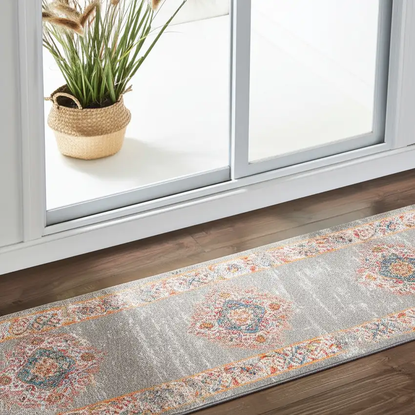 6' Gray And Gold Medallion Distressed Runner Rug Photo 1