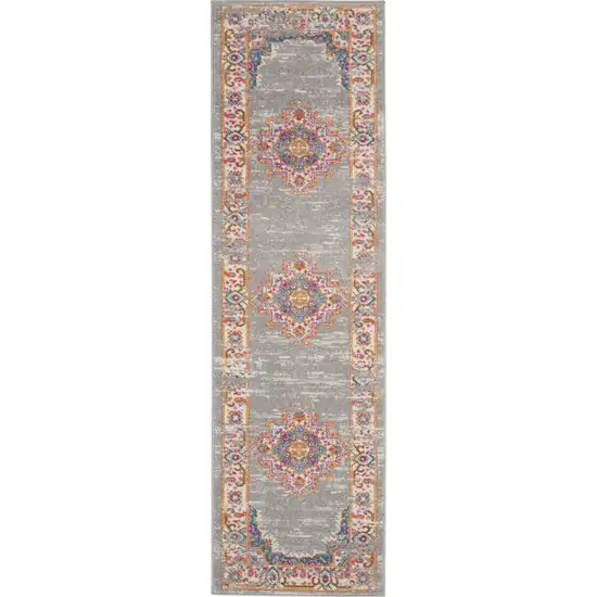 8' Gray And Gold Medallion Distressed Runner Rug Photo 9