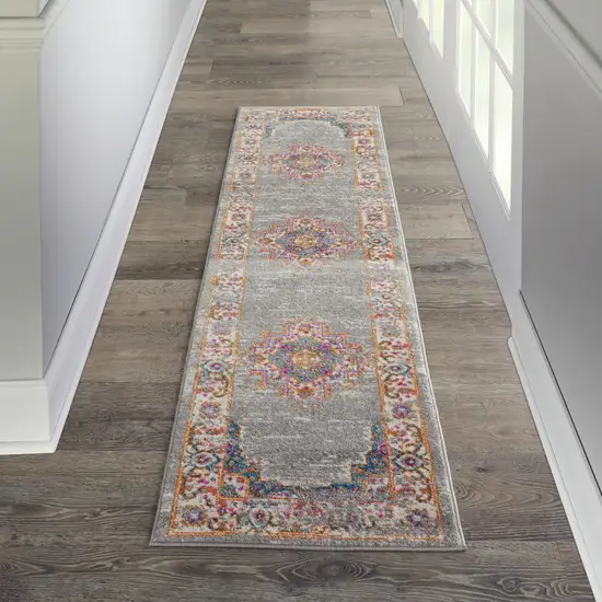 8' Gray And Gold Medallion Distressed Runner Rug Photo 4