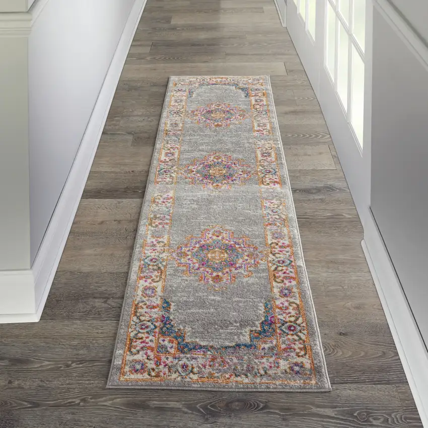 8' Gray And Gold Medallion Distressed Runner Rug Photo 4