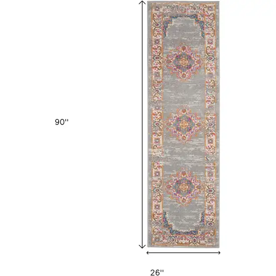 8' Gray And Gold Medallion Distressed Runner Rug Photo 9