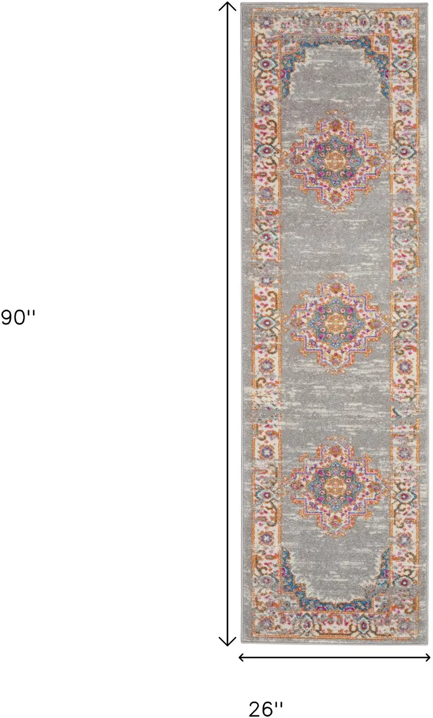 8' Gray And Gold Medallion Distressed Runner Rug Photo 9