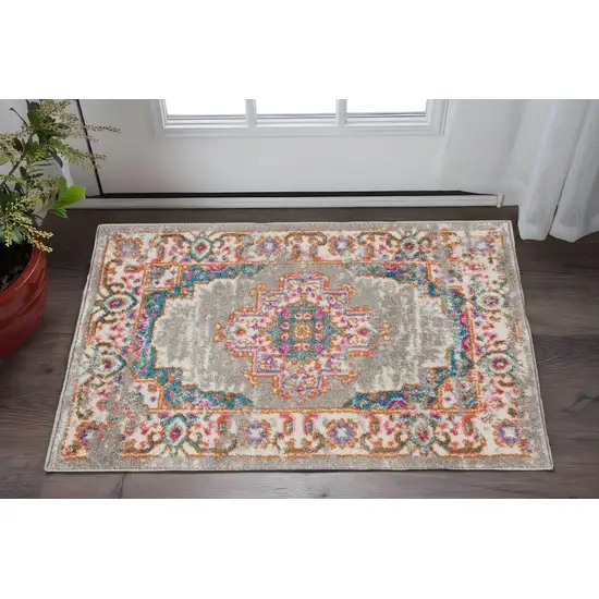 Gray And Gold Medallion Distressed Area Rug Photo 2