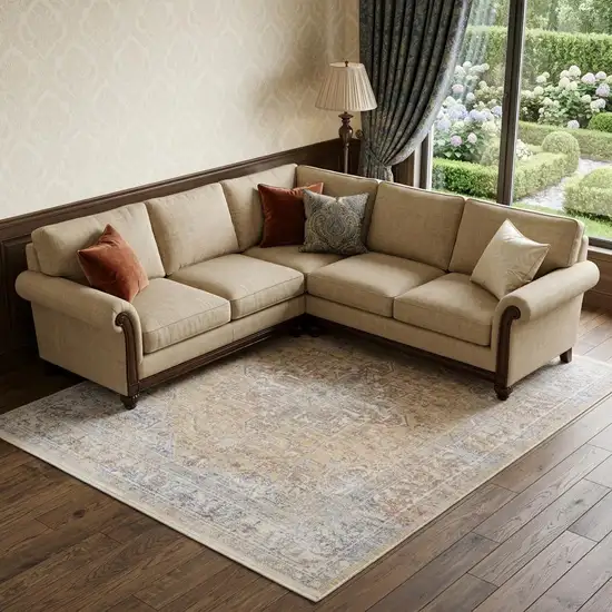 Gray and Gold Oriental Power Loom Distressed Area Rug With Fringe Photo 1