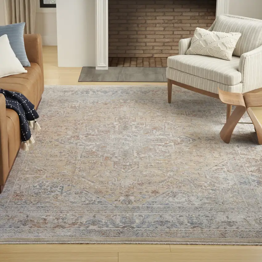 Gray and Gold Oriental Power Loom Distressed Area Rug With Fringe Photo 3