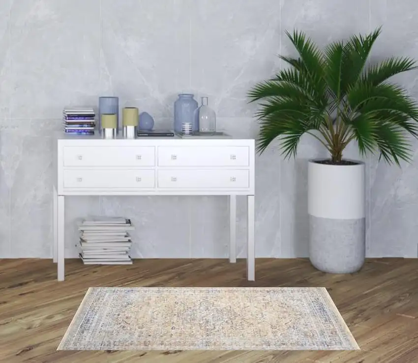 Gray and Gold Oriental Power Loom Distressed Area Rug Photo 3