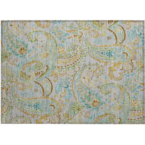 Gray and Gold Paisley Washable Non Skid Indoor Outdoor Area Rug Photo 2