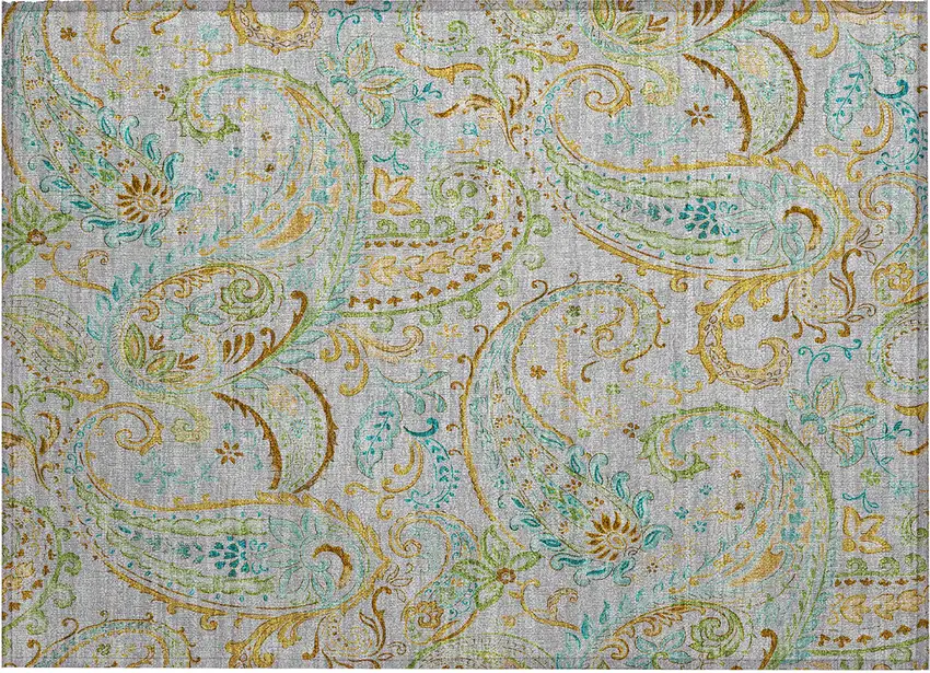 Gray and Gold Paisley Washable Non Skid Indoor Outdoor Area Rug Photo 2