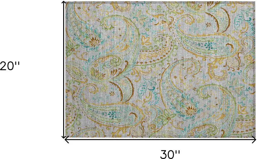 Gray and Gold Paisley Washable Non Skid Indoor Outdoor Area Rug Photo 3