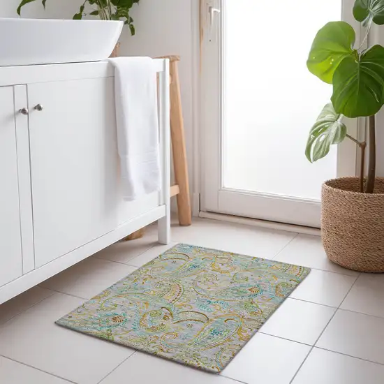 Gray and Gold Paisley Washable Non Skid Indoor Outdoor Area Rug Photo 7