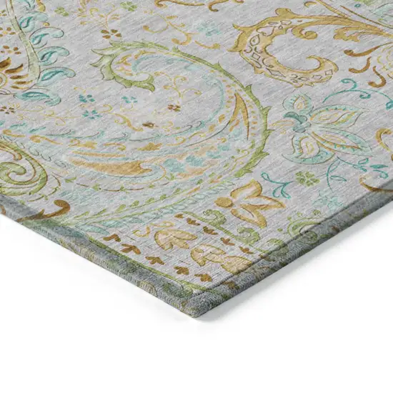 Gray and Gold Paisley Washable Non Skid Indoor Outdoor Area Rug Photo 5