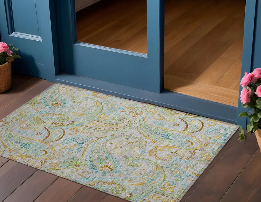 Gray and Gold Paisley Washable Non Skid Indoor Outdoor Area Rug Photo 1