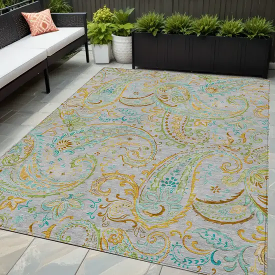 Gray and Gold Paisley Washable Non Skid Indoor Outdoor Area Rug Photo 1