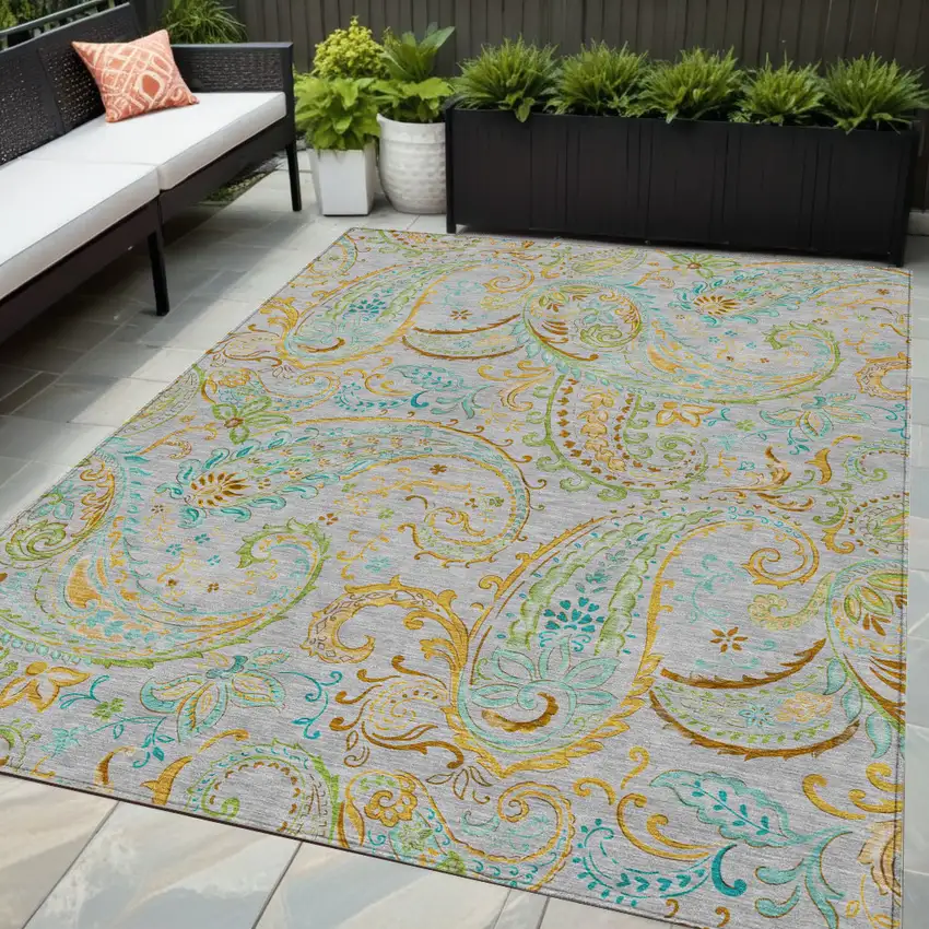 Gray and Gold Paisley Washable Non Skid Indoor Outdoor Area Rug Photo 1