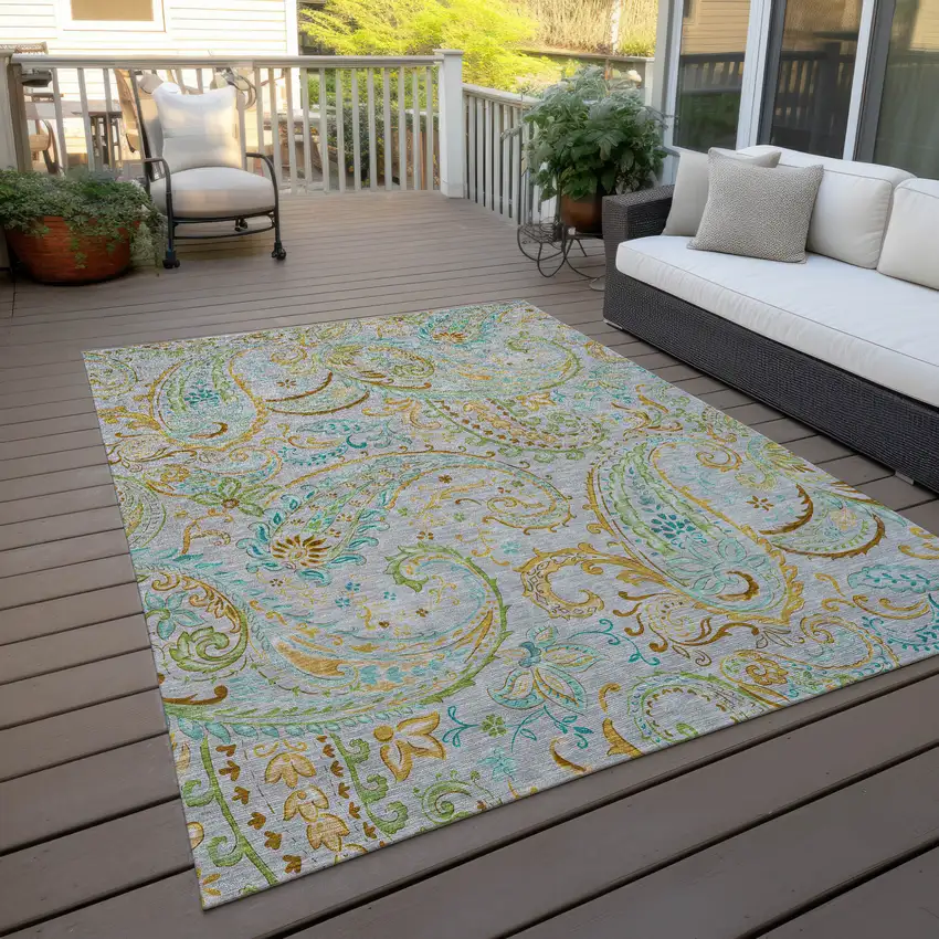 Gray and Gold Paisley Washable Non Skid Indoor Outdoor Area Rug Photo 9