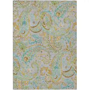 Photo of Gray and Gold Paisley Washable Non Skid Indoor Outdoor Area Rug