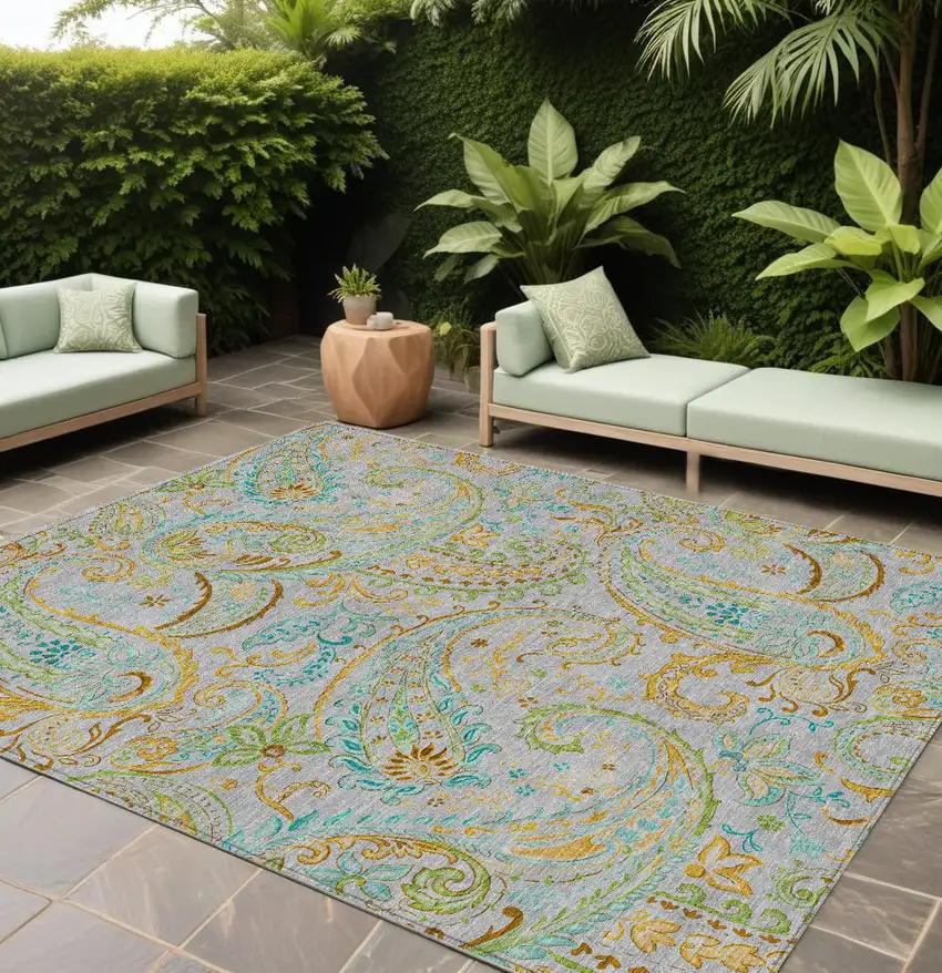 Gray and Gold Paisley Washable Non Skid Indoor Outdoor Area Rug Photo 1