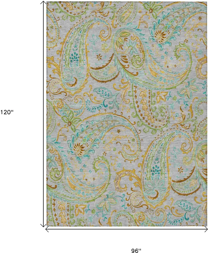 Gray and Gold Paisley Washable Non Skid Indoor Outdoor Area Rug Photo 3