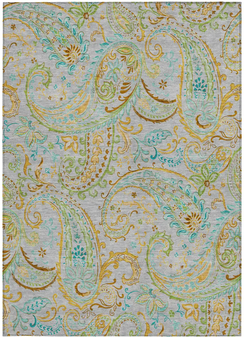 Gray and Gold Paisley Washable Non Skid Indoor Outdoor Area Rug Photo 5