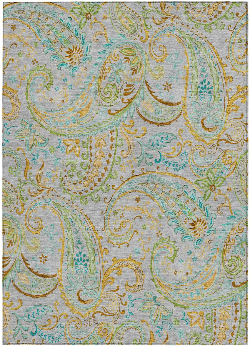 Gray and Gold Paisley Washable Non Skid Indoor Outdoor Area Rug Photo 4
