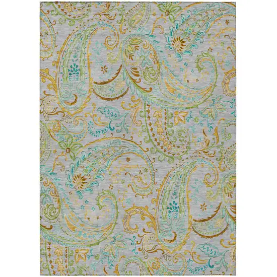 Gray and Gold Paisley Washable Non Skid Indoor Outdoor Area Rug Photo 2
