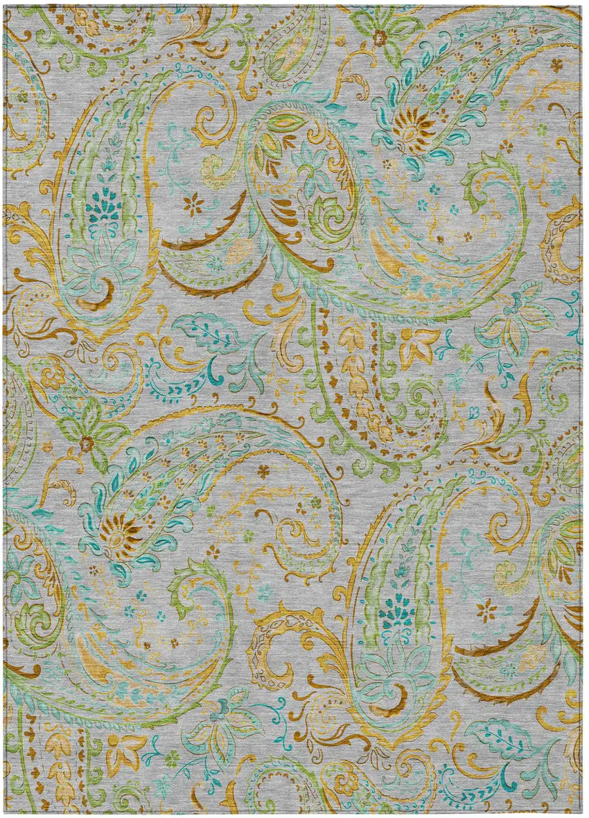Gray and Gold Paisley Washable Non Skid Indoor Outdoor Area Rug Photo 2