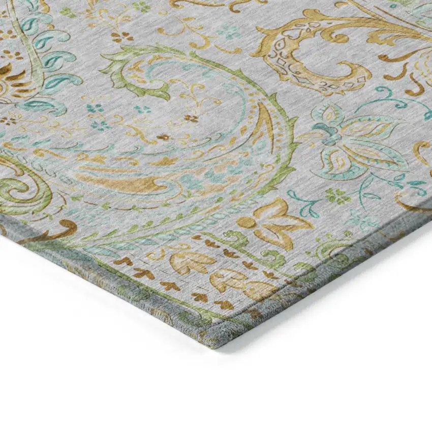 Gray and Gold Paisley Washable Non Skid Indoor Outdoor Area Rug Photo 7