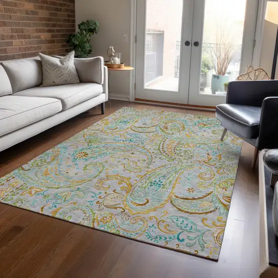 Gray and Gold Paisley Washable Non Skid Indoor Outdoor Area Rug Photo 9