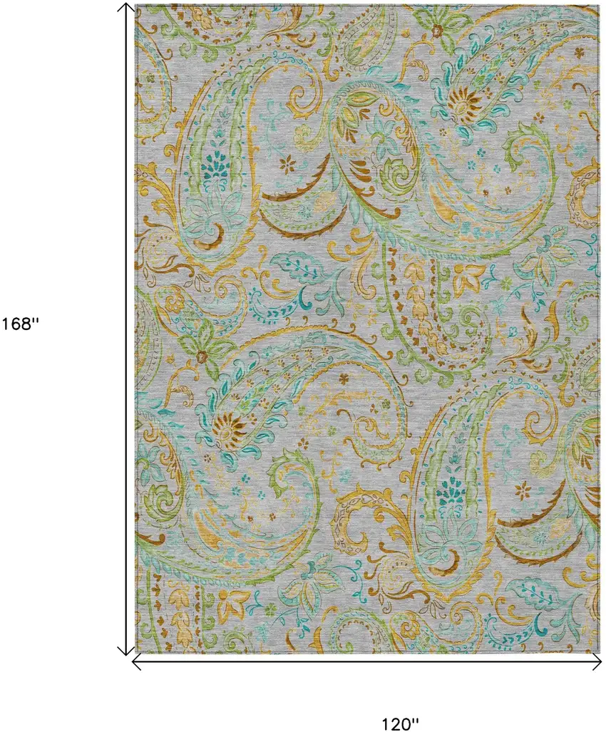 Gray and Gold Paisley Washable Non Skid Indoor Outdoor Area Rug Photo 3
