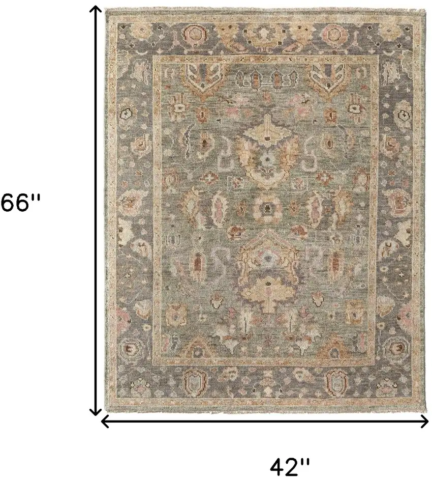 Gray and Gold Wool Oriental Hand Knotted Area Rug With Fringe Photo 3