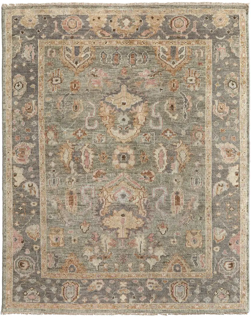 Gray and Gold Wool Oriental Hand Knotted Area Rug With Fringe Photo 4