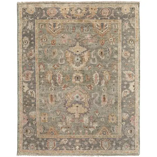 Gray and Gold Wool Oriental Hand Knotted Area Rug With Fringe Photo 4