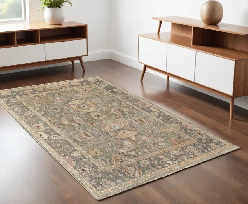 Gray and Gold Wool Oriental Hand Knotted Area Rug With Fringe Photo 1