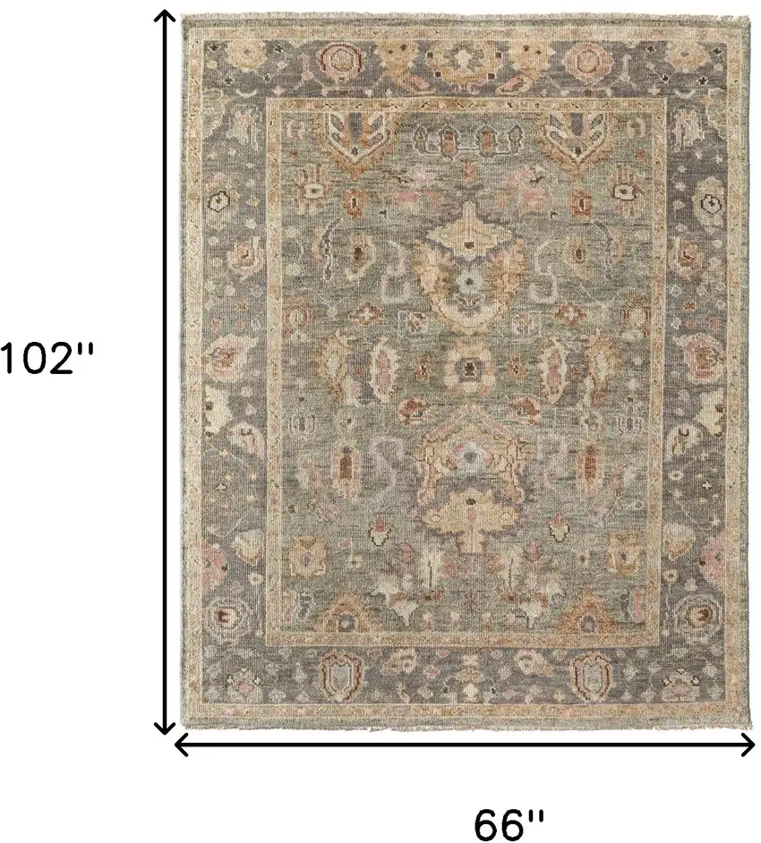Gray and Gold Wool Oriental Hand Knotted Area Rug With Fringe Photo 3