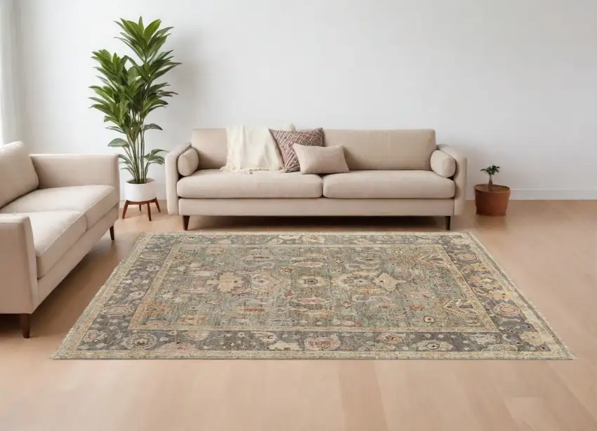 Gray and Gold Wool Oriental Hand Knotted Area Rug With Fringe Photo 1