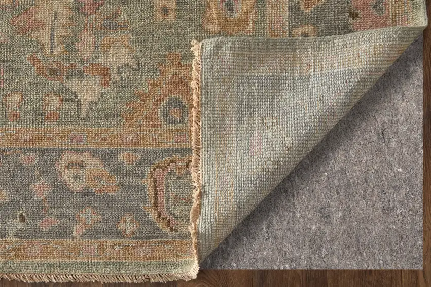 Gray and Gold Wool Oriental Hand Knotted Area Rug With Fringe Photo 9