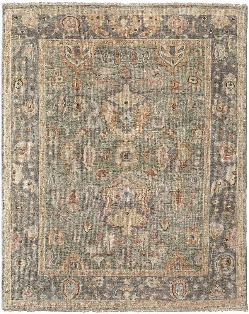 Gray and Gold Wool Oriental Hand Knotted Area Rug With Fringe Photo 2