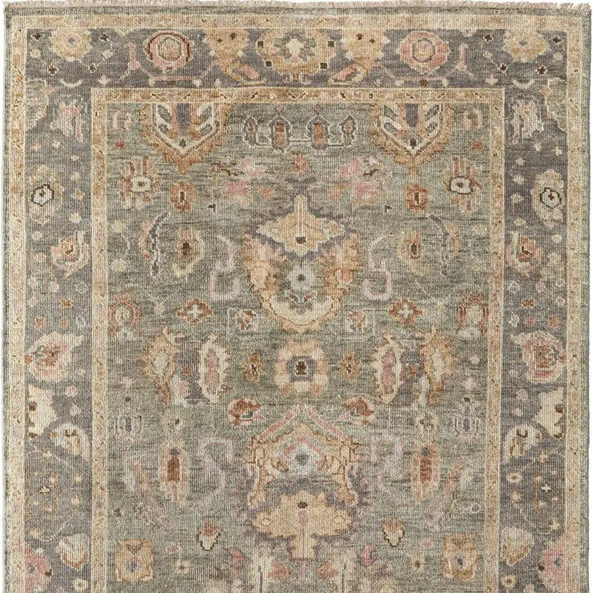 Gray and Gold Wool Oriental Hand Knotted Area Rug With Fringe Photo 4