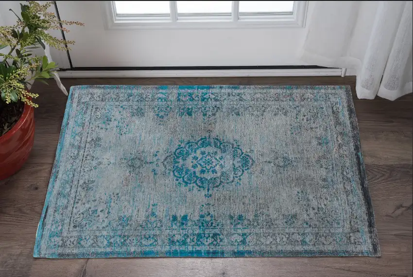Gray and Green Medallion Non Skid Area Rug Photo 1