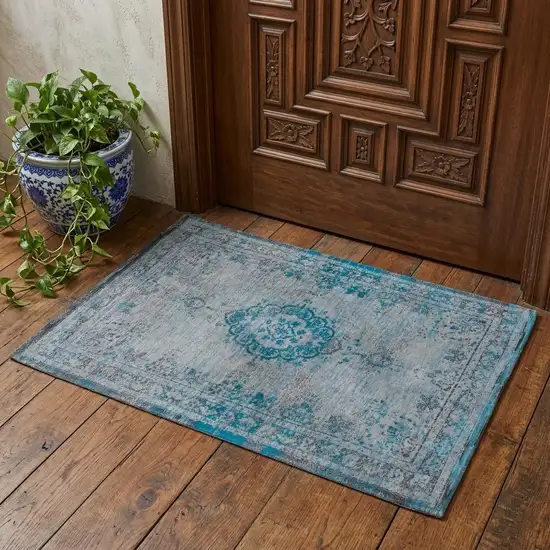 Gray and Green Medallion Non Skid Area Rug Photo 1