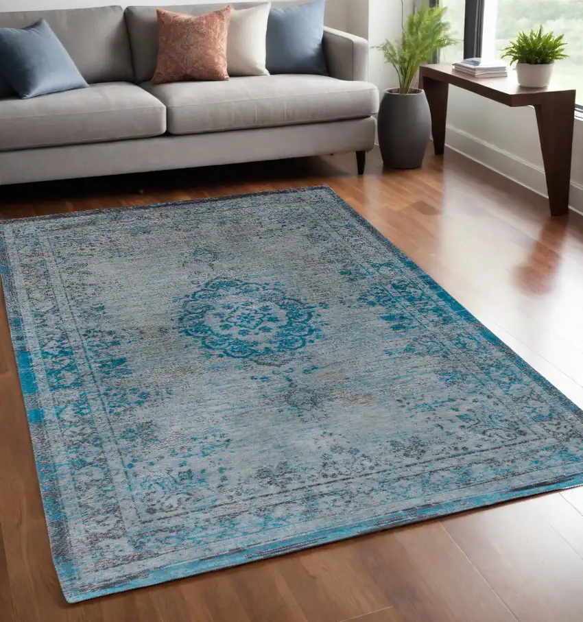Gray and Green Medallion Non Skid Area Rug Photo 1
