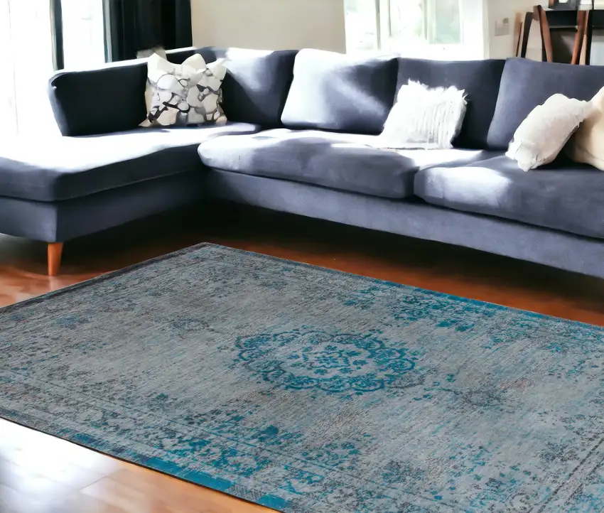 Gray and Green Medallion Non Skid Area Rug Photo 1