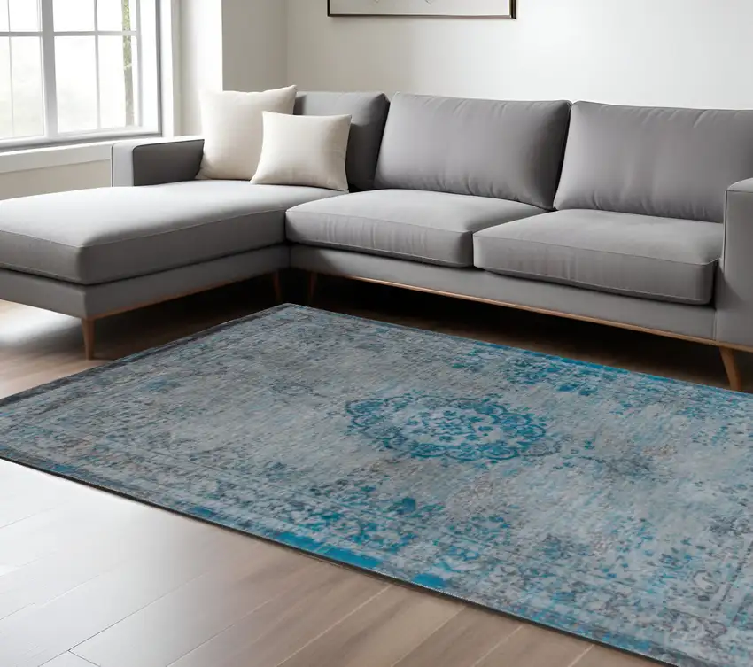 Gray and Green Medallion Non Skid Area Rug Photo 1