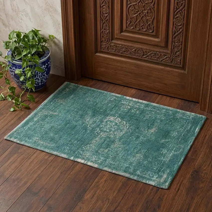 Gray and Green Medallion Non Skid Area Rug Photo 1