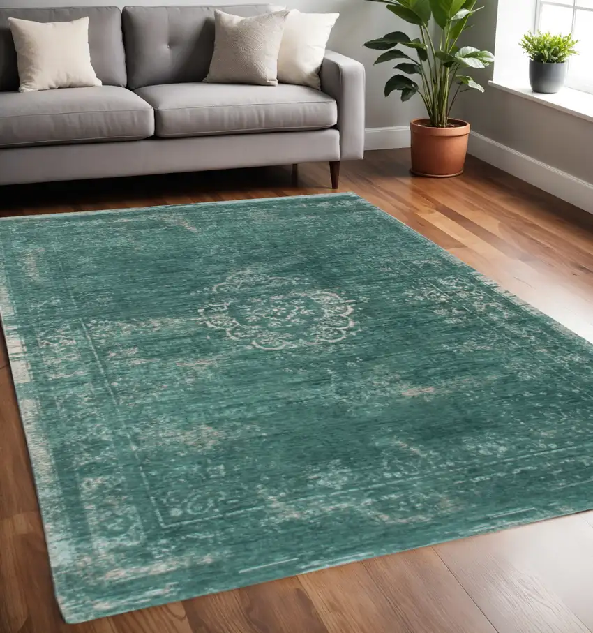 Gray and Green Medallion Non Skid Area Rug Photo 1